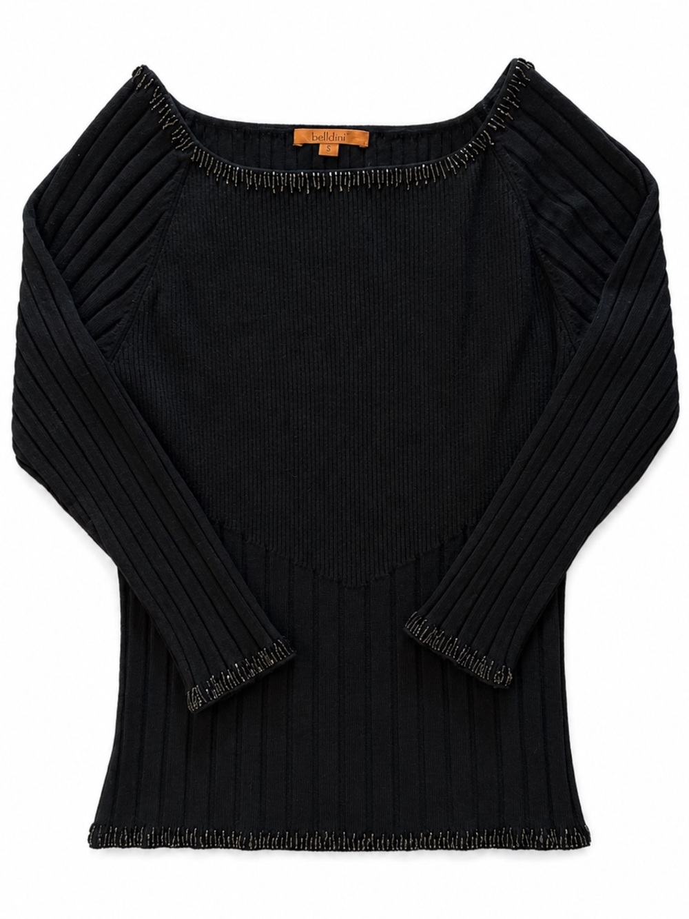 Belldini Black Ribbed Knit Top beaded trim size S